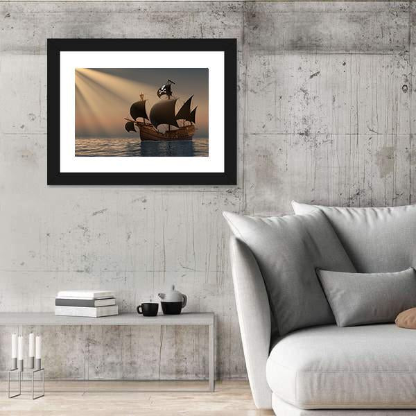 Pirate Ship In Rays Of The Sun Canvas Wall Art-3 Horizontal-Gallery Wrap-25" x 16"-Tiaracle