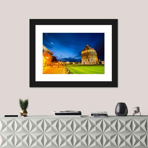 Pisa Tower Landmark Italy In Twilight Time Canvas Wall Art-1 Piece-Framed Print-20" x 16"-Tiaracle