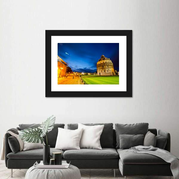 Pisa Tower Landmark Italy In Twilight Time Canvas Wall Art-1 Piece-Framed Print-42" x 14"-Tiaracle