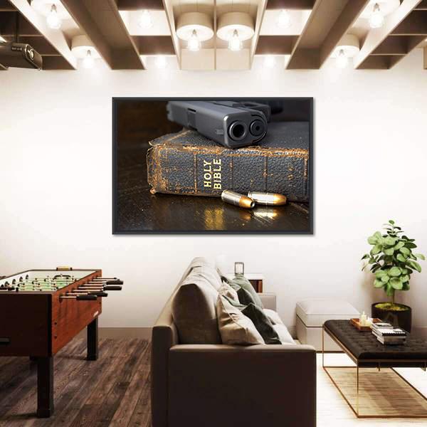 Pistol And Ammo With Bible Canvas Wall Art-1 Piece-Floating Frame-24" x 16"-Tiaracle