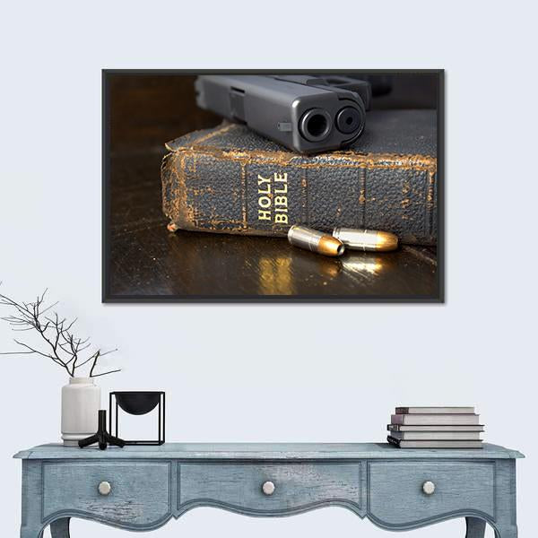 Pistol And Ammo With Bible Canvas Wall Art-5 Horizontal-Gallery Wrap-22" x 12"-Tiaracle