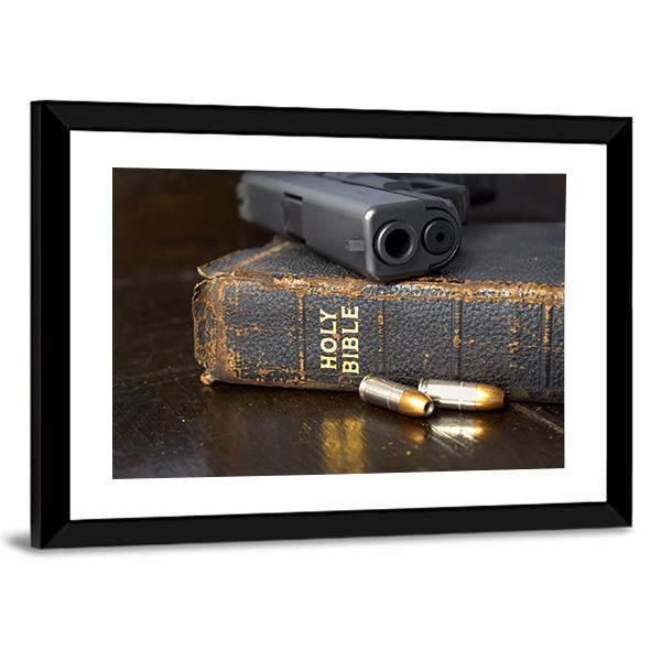 Pistol And Ammo With Bible Canvas Wall Art-5 Horizontal-Gallery Wrap-22" x 12"-Tiaracle