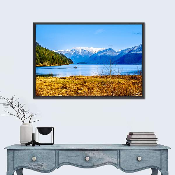 Pitt Lake With The Snow Capped Peaks Of The Golden Ears Canvas Wall Art-1 Piece-Floating Frame-24" x 16"-Tiaracle