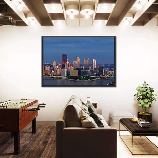 Pittsburgh Skyline Panorama Canvas Wall Art-3 Horizontal-Gallery Wrap-25" x 16"-Tiaracle