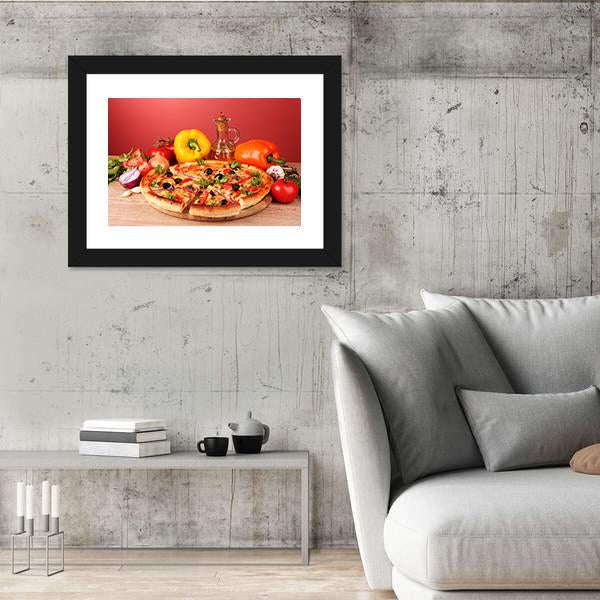 Pizza And Vegetables On A Table Canvas Wall Art-5 Horizontal-Gallery Wrap-22" x 12"-Tiaracle