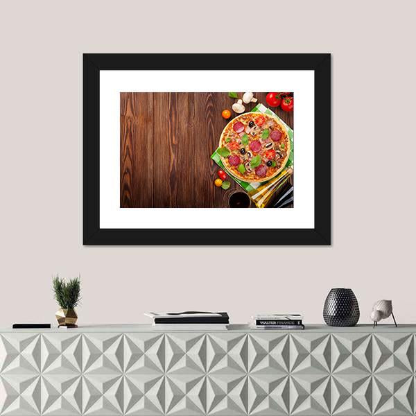 Pizza On Wooden Table Canvas Wall Art-1 Piece-Framed Print-20" x 16"-Tiaracle