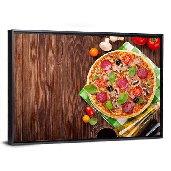 Pizza On Wooden Table Canvas Wall Art-3 Horizontal-Gallery Wrap-25" x 16"-Tiaracle