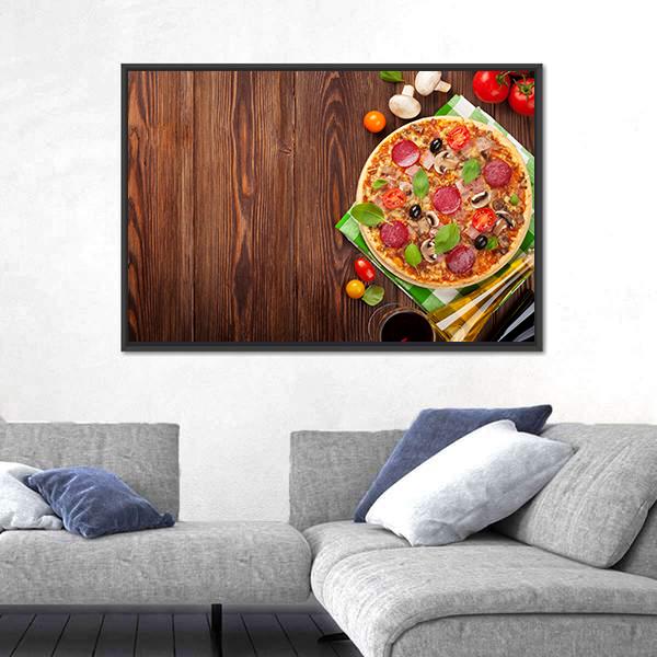 Pizza On Wooden Table Canvas Wall Art-3 Horizontal-Gallery Wrap-25" x 16"-Tiaracle