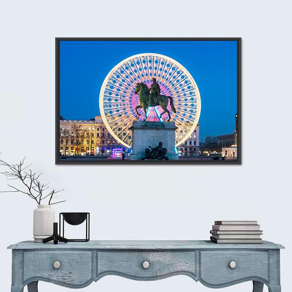 Place Bellecour Statue Of King Louis Canvas Wall Art-1 Piece-Floating Frame-24" x 16"-Tiaracle
