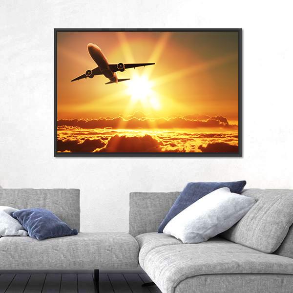 Plane Takes Off At Sunrise Canvas Wall Art-3 Horizontal-Gallery Wrap-25" x 16"-Tiaracle