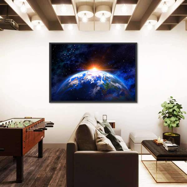 Planet Earth In Outer Space With Rising Sun Canvas Wall Art-3 Horizontal-Gallery Wrap-25" x 16"-Tiaracle