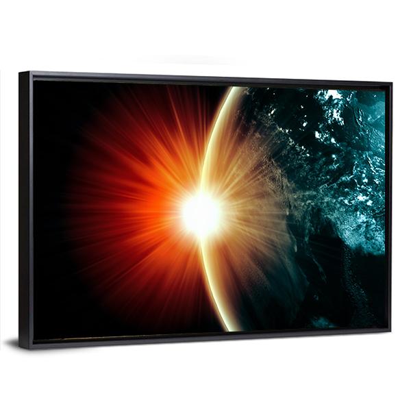 Planet Earth With Appearing Sunbeam Light Canvas Wall Art-3 Horizontal-Gallery Wrap-25" x 16"-Tiaracle