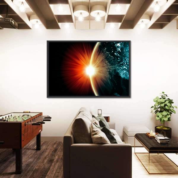 Planet Earth With Appearing Sunbeam Light Canvas Wall Art-3 Horizontal-Gallery Wrap-25" x 16"-Tiaracle