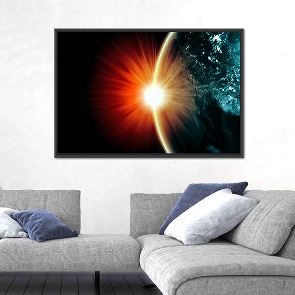 Planet Earth With Appearing Sunbeam Light Canvas Wall Art-3 Horizontal-Gallery Wrap-25" x 16"-Tiaracle