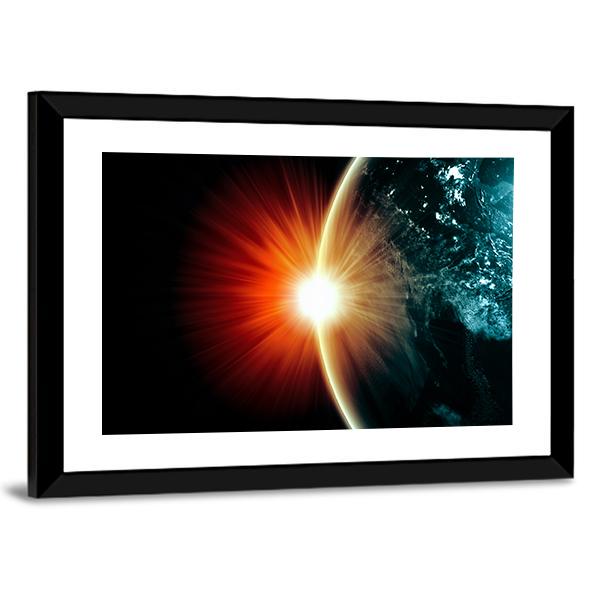 Planet Earth With Appearing Sunbeam Light Canvas Wall Art-3 Horizontal-Gallery Wrap-25" x 16"-Tiaracle