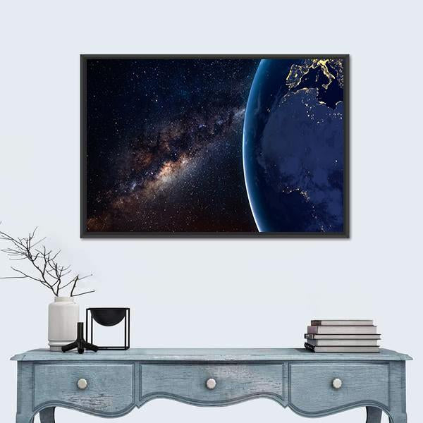Planet Earth and Milky Way At Night Canvas Wall Art-1 Piece-Floating Frame-24" x 16"-Tiaracle