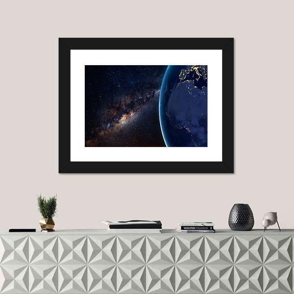 Planet Earth and Milky Way At Night Canvas Wall Art-1 Piece-Framed Print-20" x 16"-Tiaracle