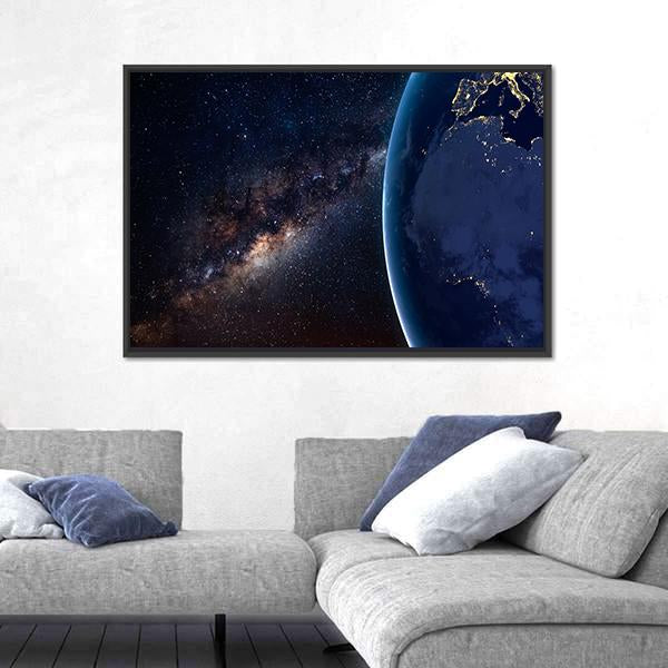 Planet Earth and Milky Way At Night Canvas Wall Art-3 Horizontal-Gallery Wrap-25" x 16"-Tiaracle