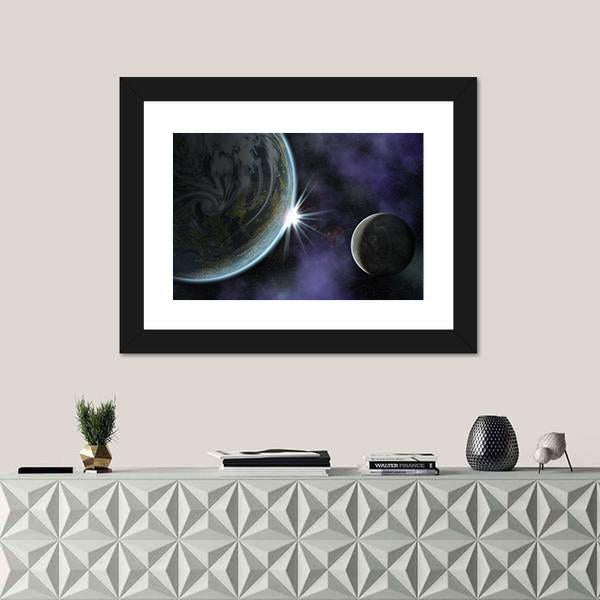 Planet With Moon And Star In Deep Space Canvas Wall Art-1 Piece-Framed Print-20" x 16"-Tiaracle