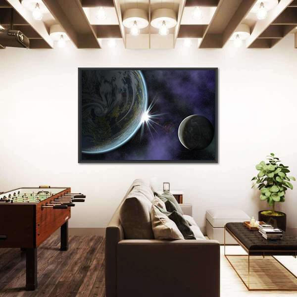 Planet With Moon And Star In Deep Space Canvas Wall Art-3 Horizontal-Gallery Wrap-25" x 16"-Tiaracle