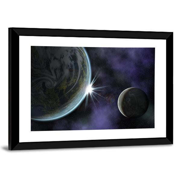 Planet With Moon And Star In Deep Space Canvas Wall Art-3 Horizontal-Gallery Wrap-25" x 16"-Tiaracle