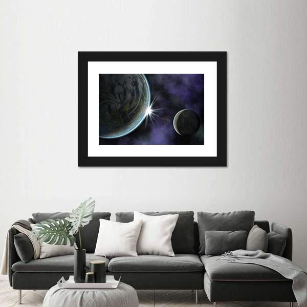Planet With Moon And Star In Deep Space Canvas Wall Art-3 Horizontal-Gallery Wrap-25" x 16"-Tiaracle