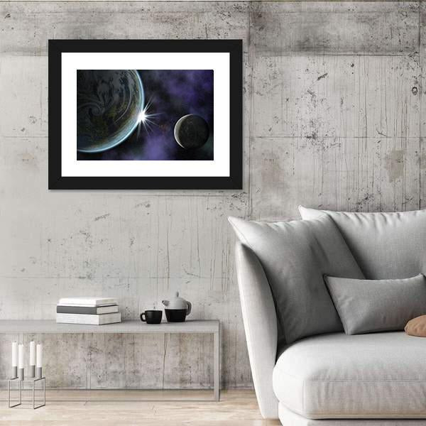 Planet With Moon And Star In Deep Space Canvas Wall Art-3 Horizontal-Gallery Wrap-25" x 16"-Tiaracle