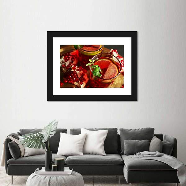 Pomegranate Drink In Glasses Canvas Wall Art-5 Horizontal-Gallery Wrap-22" x 12"-Tiaracle