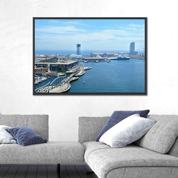 Port Vell And Maremagnum In Barcelona Spain Canvas Wall Art-3 Horizontal-Gallery Wrap-25" x 16"-Tiaracle