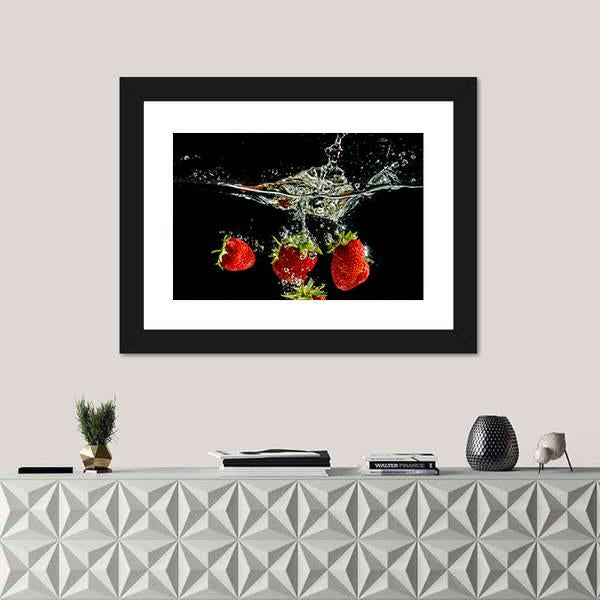 Pure Falling Strawberry Into Water Canvas Wall Art-1 Piece-Framed Print-20" x 16"-Tiaracle