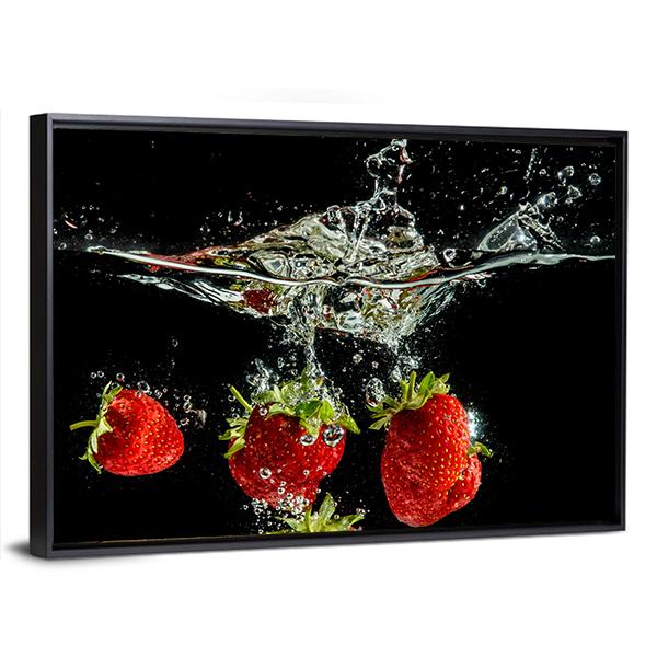 Pure Falling Strawberry Into Water Canvas Wall Art-3 Horizontal-Gallery Wrap-25" x 16"-Tiaracle