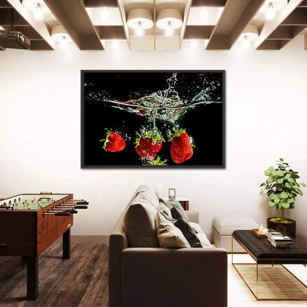 Pure Falling Strawberry Into Water Canvas Wall Art-3 Horizontal-Gallery Wrap-25" x 16"-Tiaracle