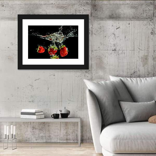 Pure Falling Strawberry Into Water Canvas Wall Art-3 Horizontal-Gallery Wrap-25" x 16"-Tiaracle