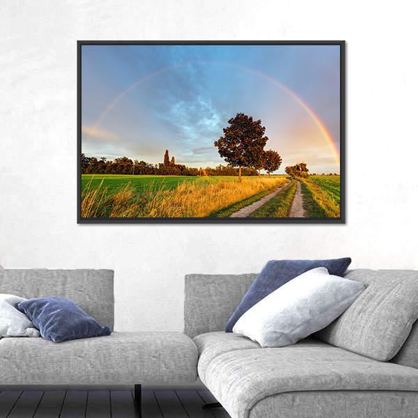 Rainbow Over Field Road Canvas Wall Art-5 Horizontal-Gallery Wrap-22" x 12"-Tiaracle