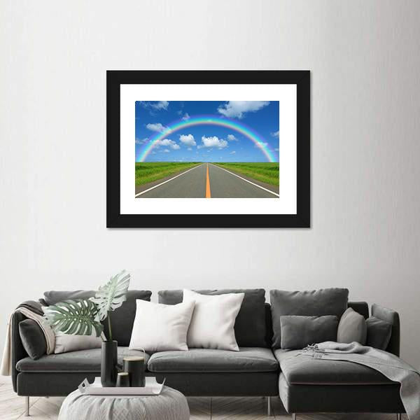 Rainbow Over Straight Road Canvas Wall Art-1 Piece-Framed Print-20" x 16"-Tiaracle