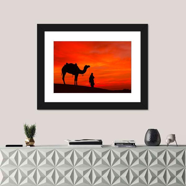Rajasthan Desert With Camel And Man Canvas Wall Art-1 Piece-Framed Print-20" x 16"-Tiaracle