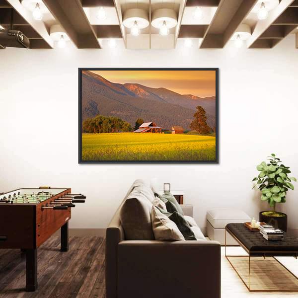 Rapeseed Farm And Barn In Evening Sun Light Canvas Wall Art-5 Horizontal-Gallery Wrap-22" x 12"-Tiaracle