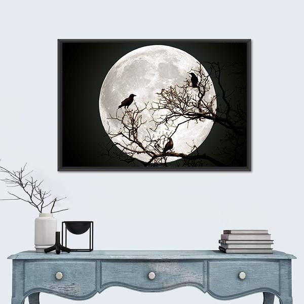 Ravens sitting On A Tree Shined With The Full Moon Canvas Wall Art-5 Horizontal-Gallery Wrap-22" x 12"-Tiaracle
