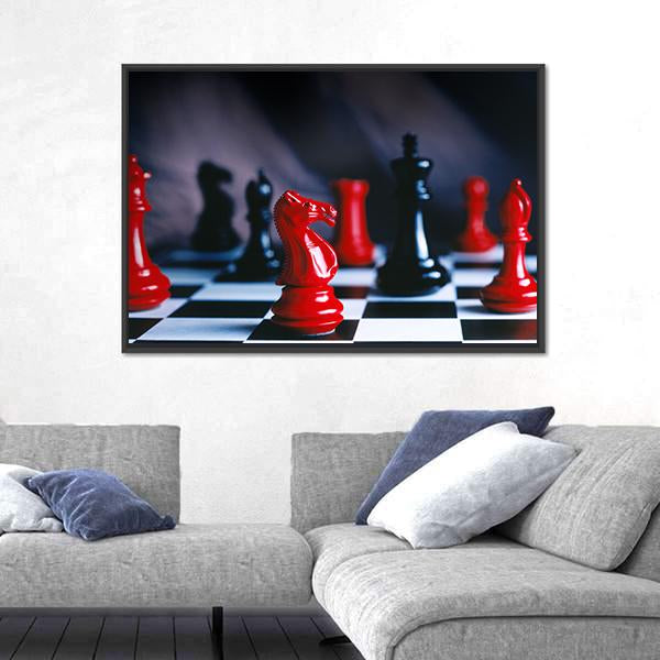 Red And Black Chess Pieces And Board Canvas Wall Art-5 Horizontal-Gallery Wrap-22" x 12"-Tiaracle