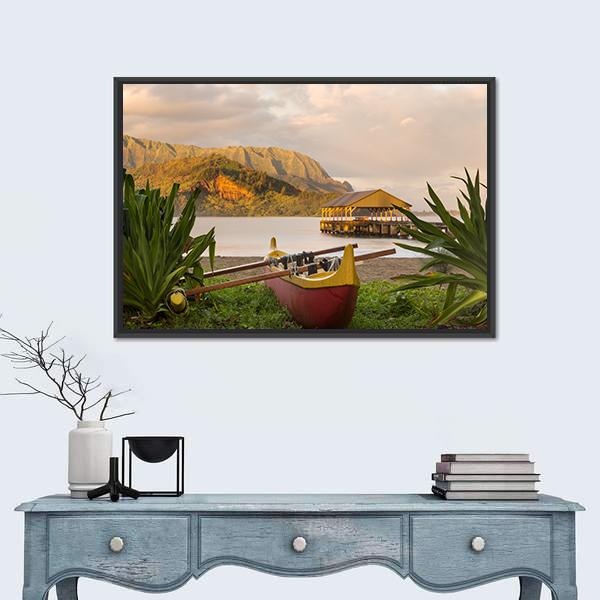 Red And Yellow Hawaiian Canoe With Outrigger On The Beach Canvas Wall Art-1 Piece-Floating Frame-24" x 16"-Tiaracle