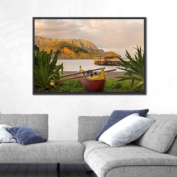 Red And Yellow Hawaiian Canoe With Outrigger On The Beach Canvas Wall Art-5 Horizontal-Gallery Wrap-22" x 12"-Tiaracle