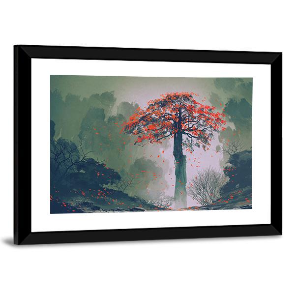 Red Autumn Tree Canvas Wall Art-5 Horizontal-Gallery Wrap-22" x 12"-Tiaracle