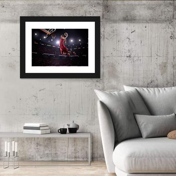 Red Basketball Player In Action Canvas Wall Art-3 Horizontal-Gallery Wrap-25" x 16"-Tiaracle