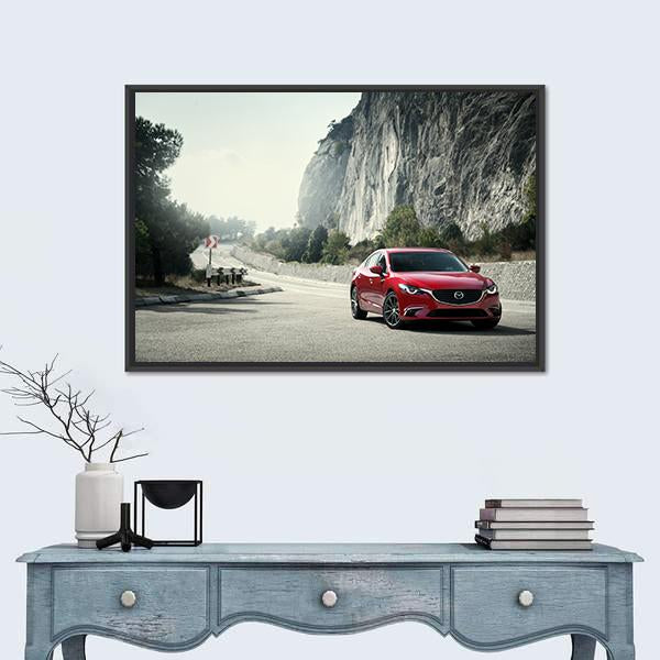 Red Car Mazda Standing On The Road Near Mountains Canvas Wall Art-1 Piece-Floating Frame-24" x 16"-Tiaracle