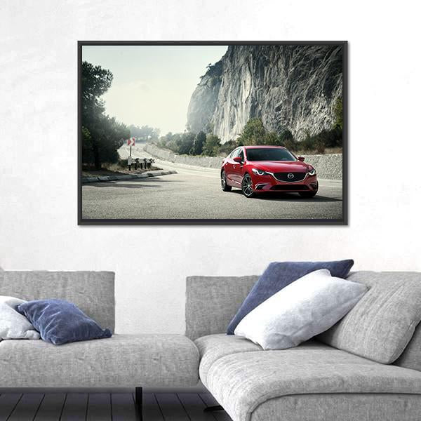 Red Car Mazda Standing On The Road Near Mountains Canvas Wall Art-3 Horizontal-Gallery Wrap-25" x 16"-Tiaracle
