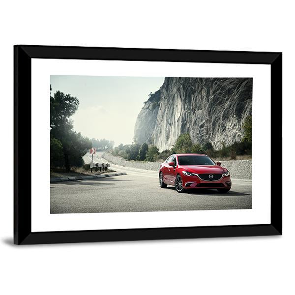 Red Car Mazda Standing On The Road Near Mountains Canvas Wall Art-3 Horizontal-Gallery Wrap-25" x 16"-Tiaracle