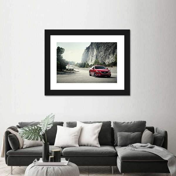 Red Car Mazda Standing On The Road Near Mountains Canvas Wall Art-3 Horizontal-Gallery Wrap-25" x 16"-Tiaracle