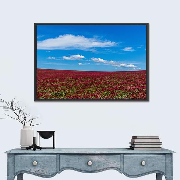 Red Clover Field And Blue Sky Canvas Wall Art-1 Piece-Floating Frame-24" x 16"-Tiaracle