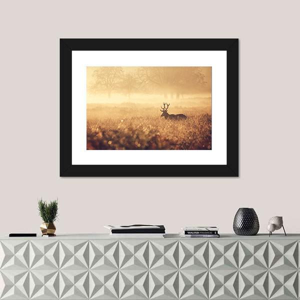 Red Deer Stag In Autumn Mist Canvas Wall Art-1 Piece-Framed Print-36" x 24"-Tiaracle