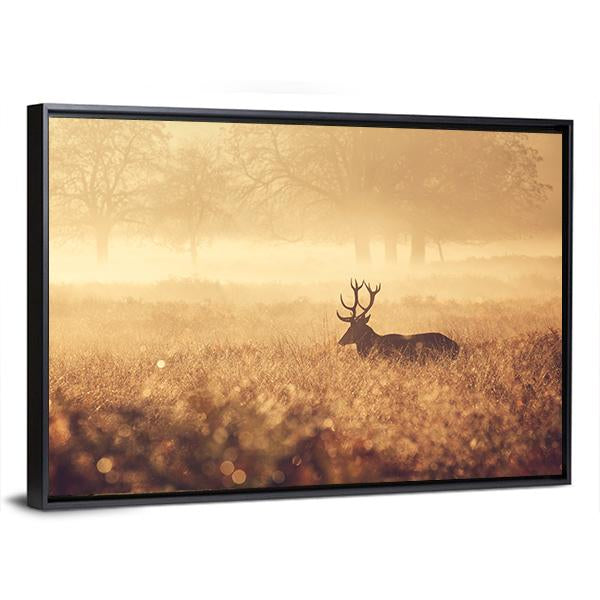 Red Deer Stag In Autumn Mist Canvas Wall Art-3 Horizontal-Gallery Wrap-25" x 16"-Tiaracle